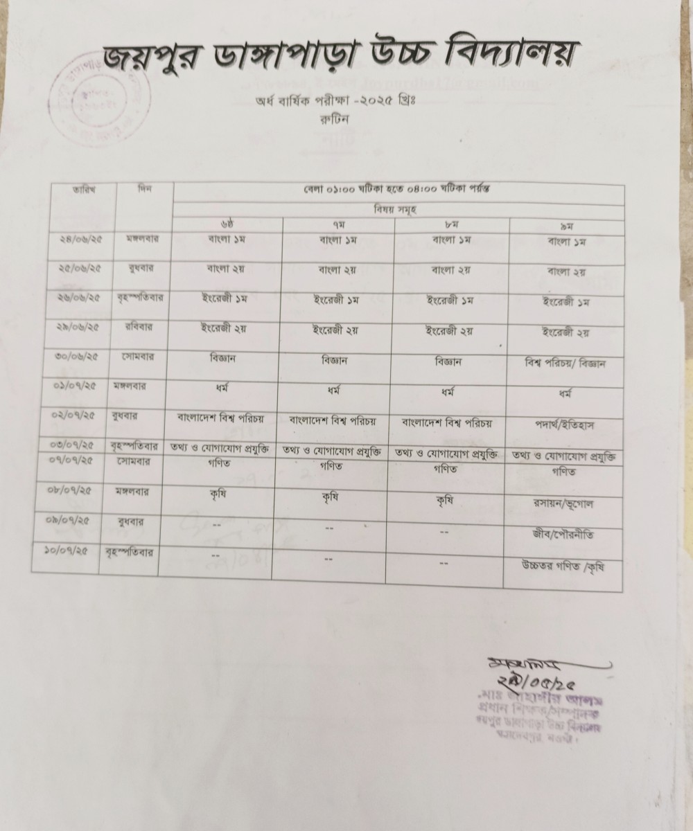 অর্ধ বার্ষিকপরীক্ষা  -২০২৫ এর রুটিন